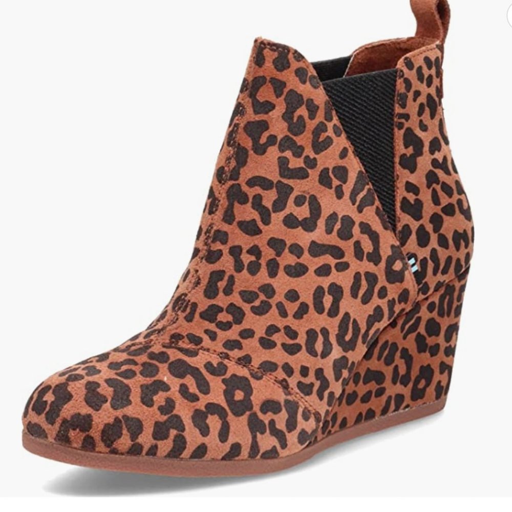TOMS Kelsey Suede Ankle Bootie Wedge, Dark Ember Leopard Print, Size 6
